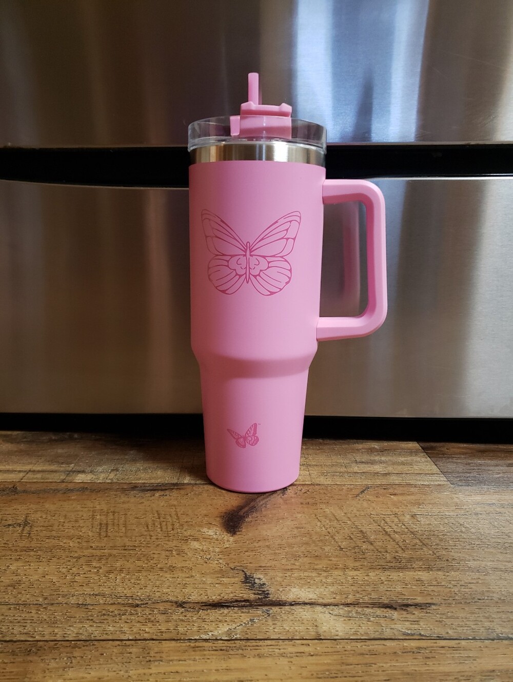 Dolly Parton 40 Oz. Pink Butterfly Insulated Travel Mug with Handle